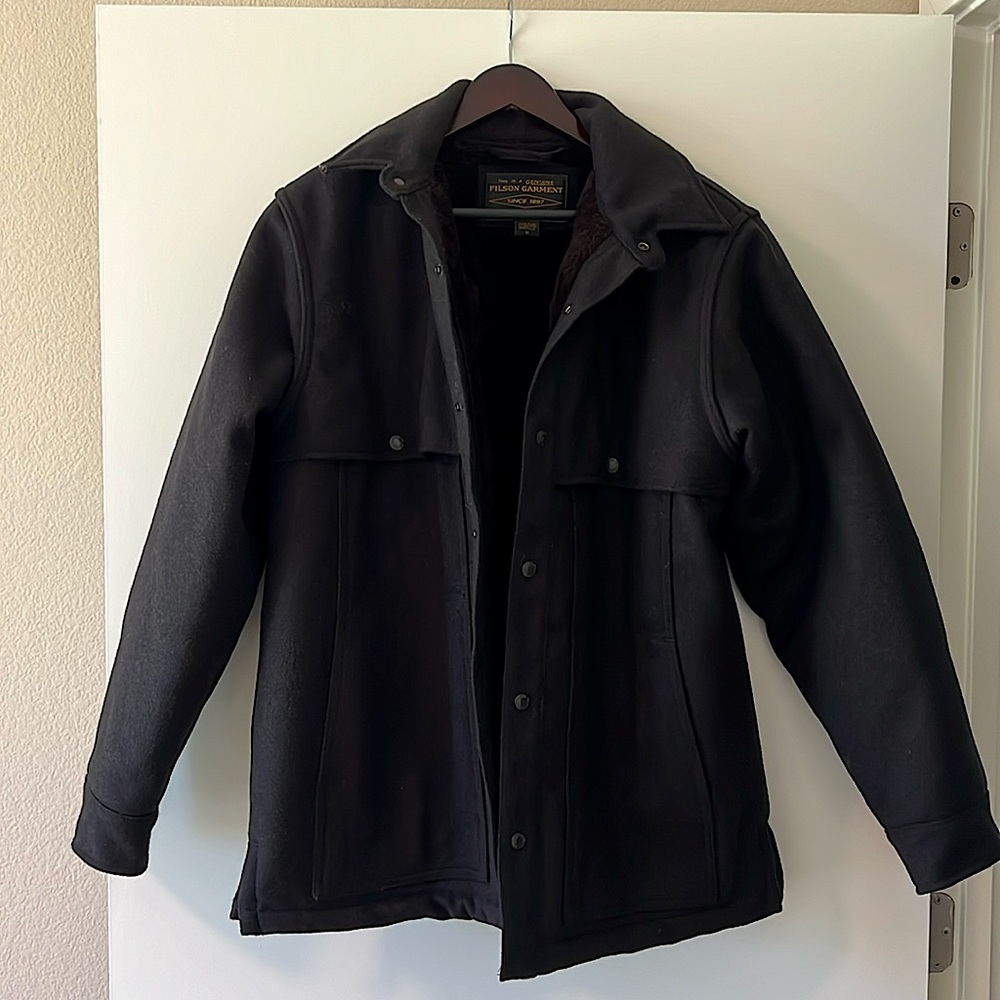 Filson Men’s Lined Wool Cape Coat Black / Brown Twill
